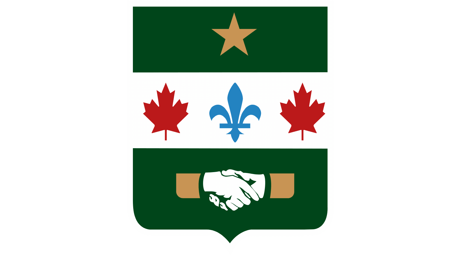 Coat of arms with a star, fleur-de-lis, red maple leaves, and a handshake symbol.