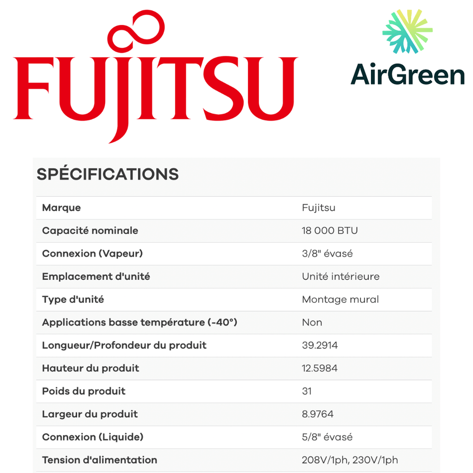 Thermopompe Fujitsu RLXFWH de 18 000 BTU spec sheet with relevant information