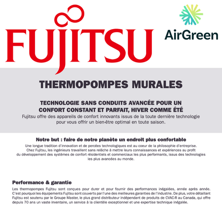 Thermopompe Murale Fujitsu RL2 9 000 BTU (115V) spec sheet with relevant information