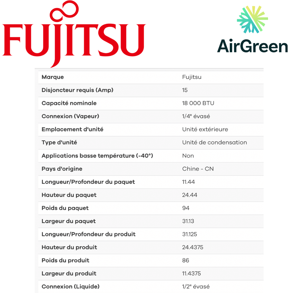 Thermopompe Murale Fujitsu RLB de 18 000 BTU spec sheet with relevant information
