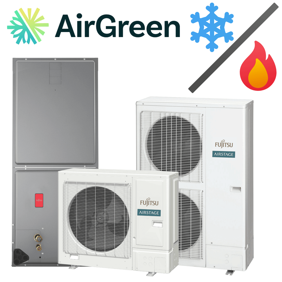 Fujitsu Airstage HVAC units with AirGreen logo, featuring cooling and heating symbols. Energy-efficient heating and cooling systems.