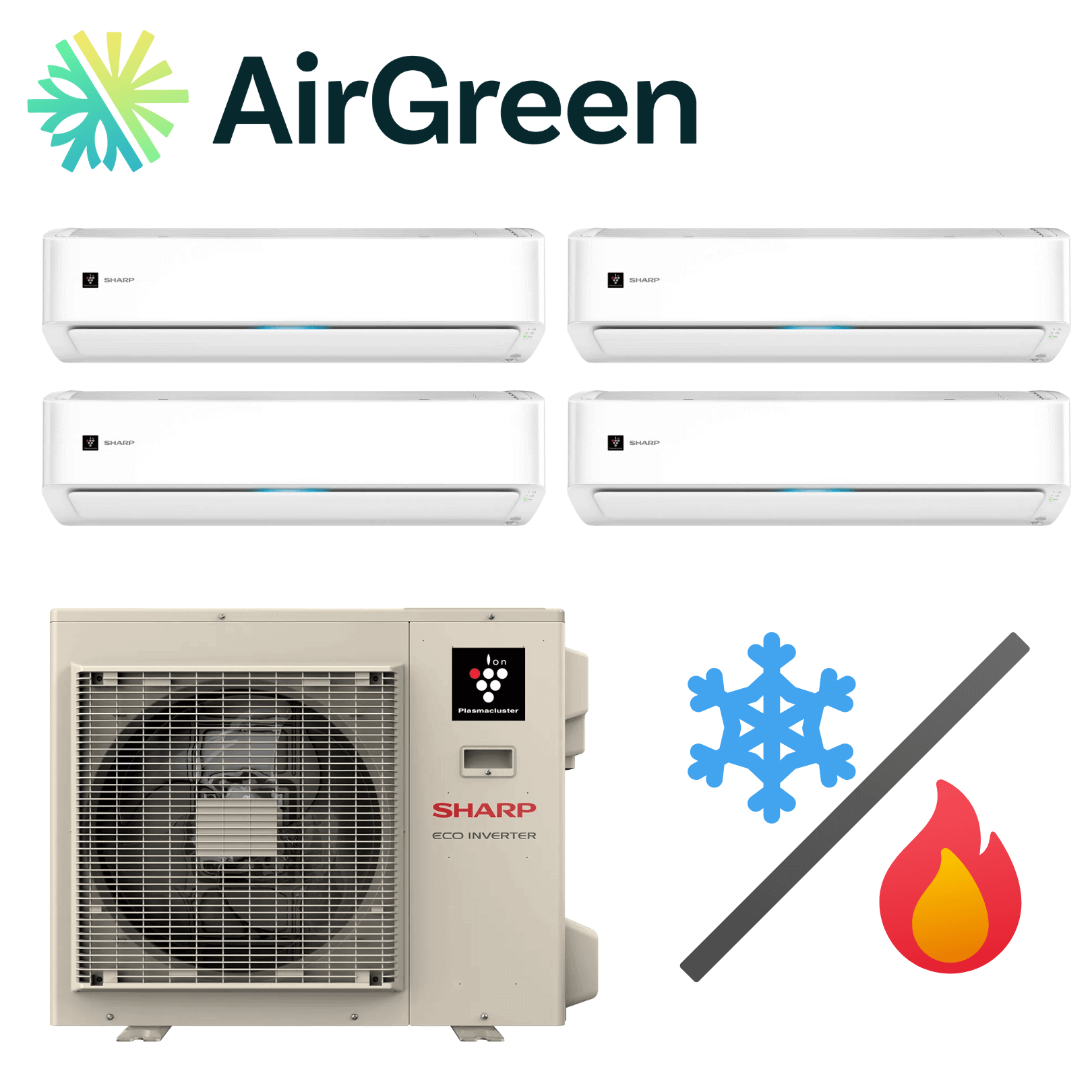 AirGreen logo with Sharp eco inverter AC unit and indoor units, featuring heating and cooling symbols.