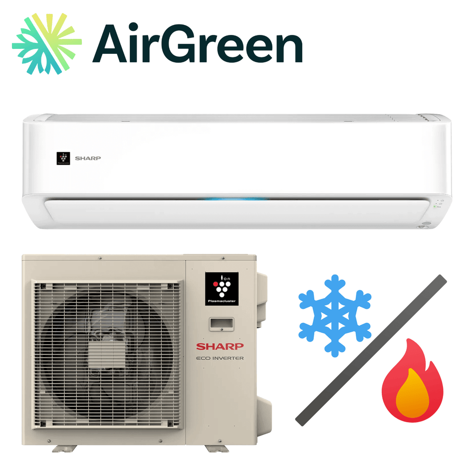 AirGreen Sharp Eco Inverter air conditioner with cooling and heating symbols.