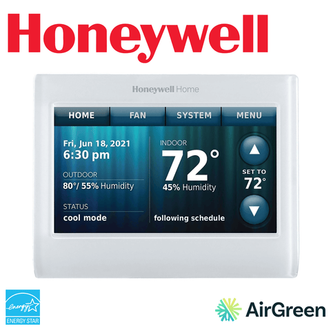 Thermostat HONEYWELL WIFI 9000 COLOR TOUCHSCREEN with color display showing temperature and humidity settings offered by AirGreen in Montréal