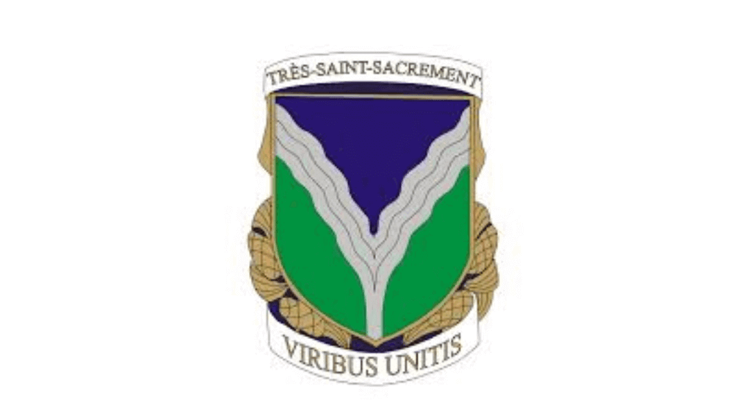Emblem with 'Très-Saint-Sacrement' and 'Viribus Unitis' motto, featuring a blue and green shield design.