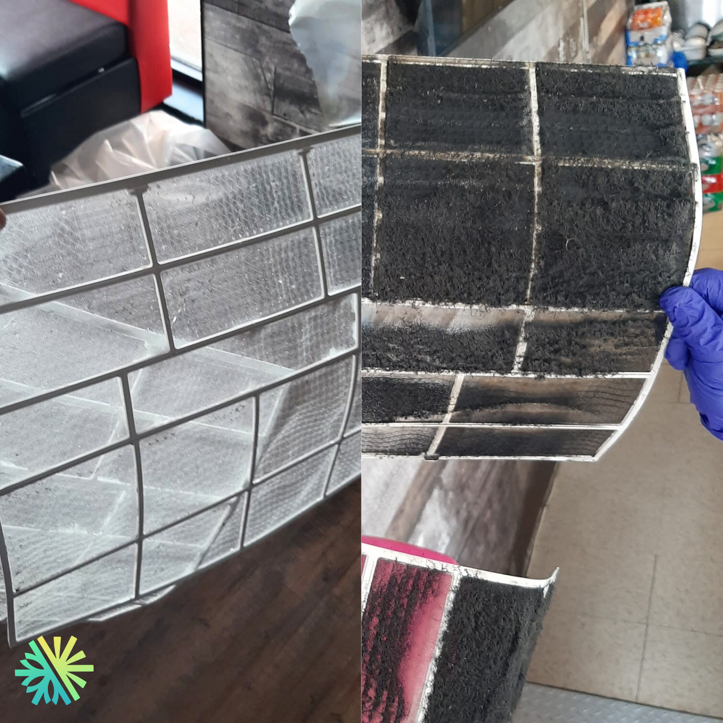 Comparative image of a clean air filter versus a dirty air filter, illustrating the importance of regular filter maintenance.