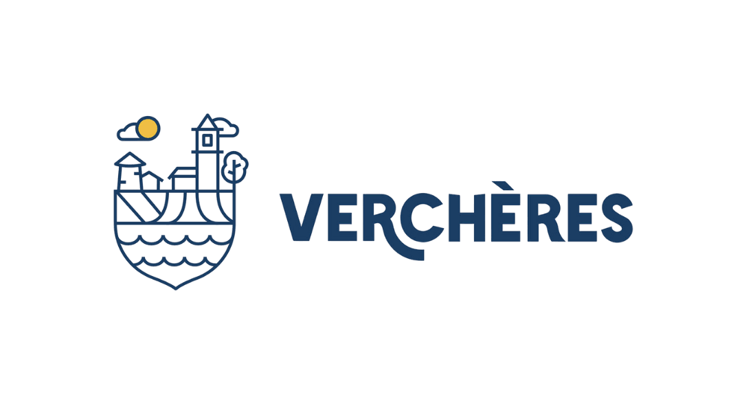 Illustrated logo of Verchères with stylized buildings and sun icon