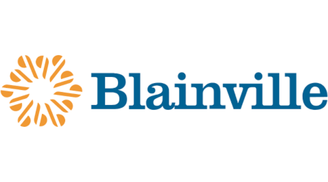 Blainville logo featuring a stylized orange floral design next to the brand name in blue text.