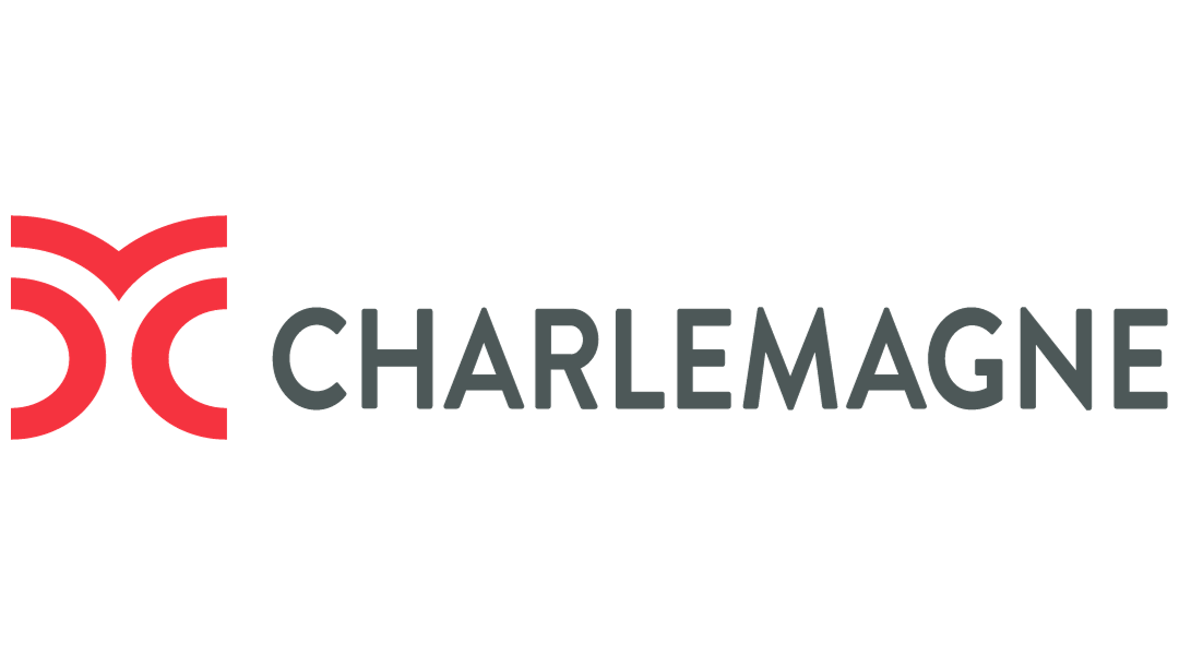 Charlemagne logo with a stylized red and grey design