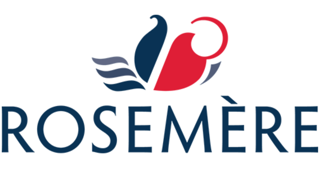 Rosemère logo with abstract red and blue bird design above the text.
