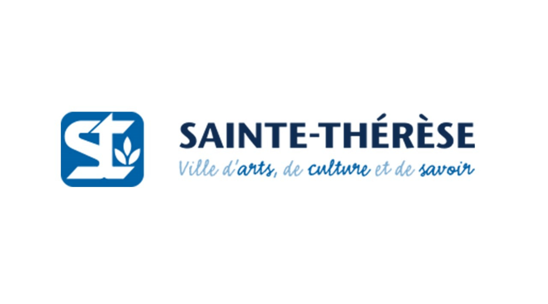 Logo of Sainte-Thérèse with slogan "Ville d'arts, de culture et de savoir" featuring a stylized leaf inside a square.