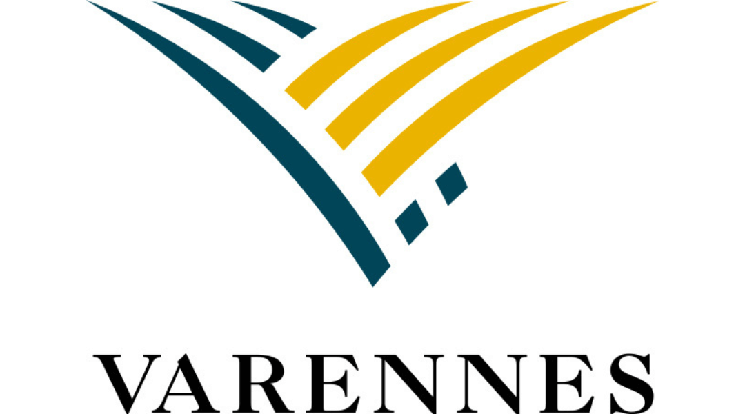 Logo of Varennes featuring stylized blue and yellow lines above the text "Varennes" on a white background.