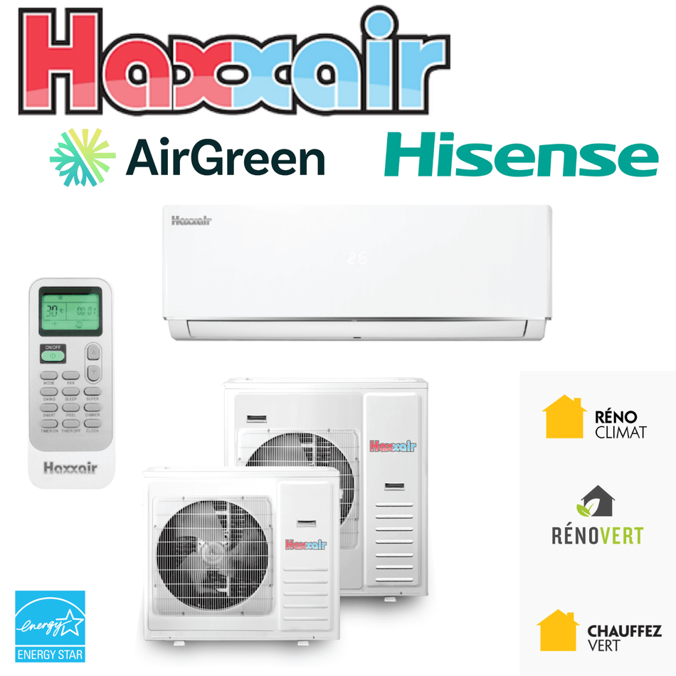 Climatiseur Mural - Thermopompe HAXXAIR V2D R-454B | 9 000 BTU avec télécommande et compresseurs, étiquettes énergétiques visibles
