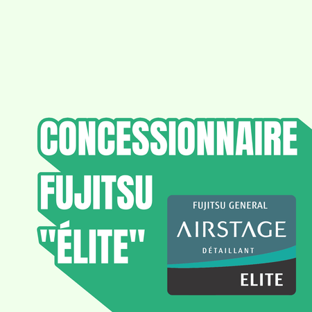 Concessionnaire Fujitsu Elite badge showcasing Airstage détaillant status on a green background.