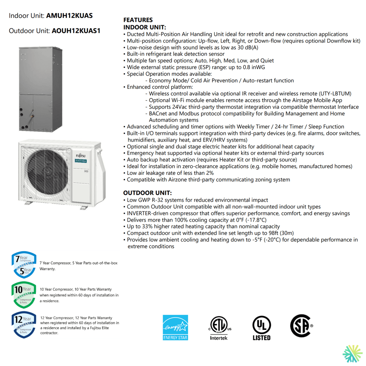 Thermopompe centrale FUJITSU CENTAURI R32 | 1 Tonne - 12000 BTU features and specifications image
