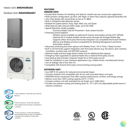 Thermopompe centrale FUJITSU CENTAURI R32 | 3 Tonnes - 36000 BTU, featuring indoor and outdoor units with high efficiency and performance.