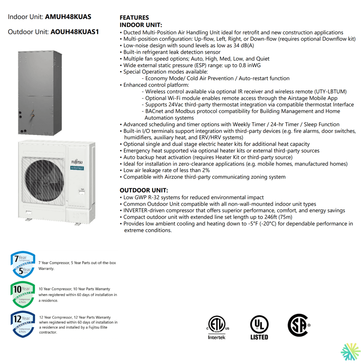 Brochure for Thermopompe centrale FUJITSU CENTAURI R32 | 4 Tonnes - 48000 BTU with features and specifications overview