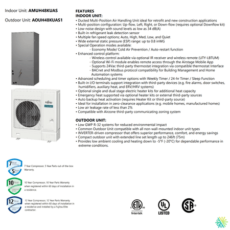Brochure for Thermopompe centrale FUJITSU CENTAURI R32 | 4 Tonnes - 48000 BTU with features and specifications overview