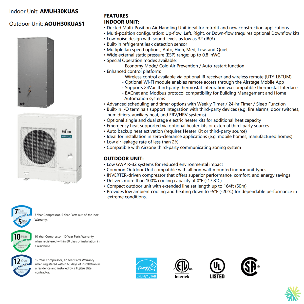 Thermopompe centrale FUJITSU CENTAURI R32 | 2.5 Tonnes - 30000 BTU features and specifications image