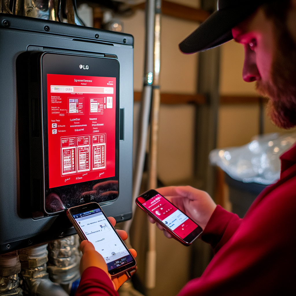 Technician using smartphone app to monitor LG energy management system on digital display panel in industrial setting.