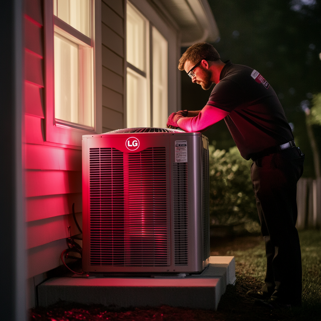 HVAC technician servicing LG air conditioning unit outside a house in evening lighting