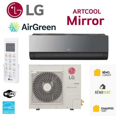 Mini Split LG ARTCOOL MIROIR (Noir) | R32 | 9000 BTU showcasing unit, remote, and branding logos like AirGreen and Energy Star.