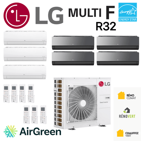 Thermopompe 7-Zone LG MULTI F R32 | Compresseur 48000 BTU with multiple indoor units and remote controllers shown.