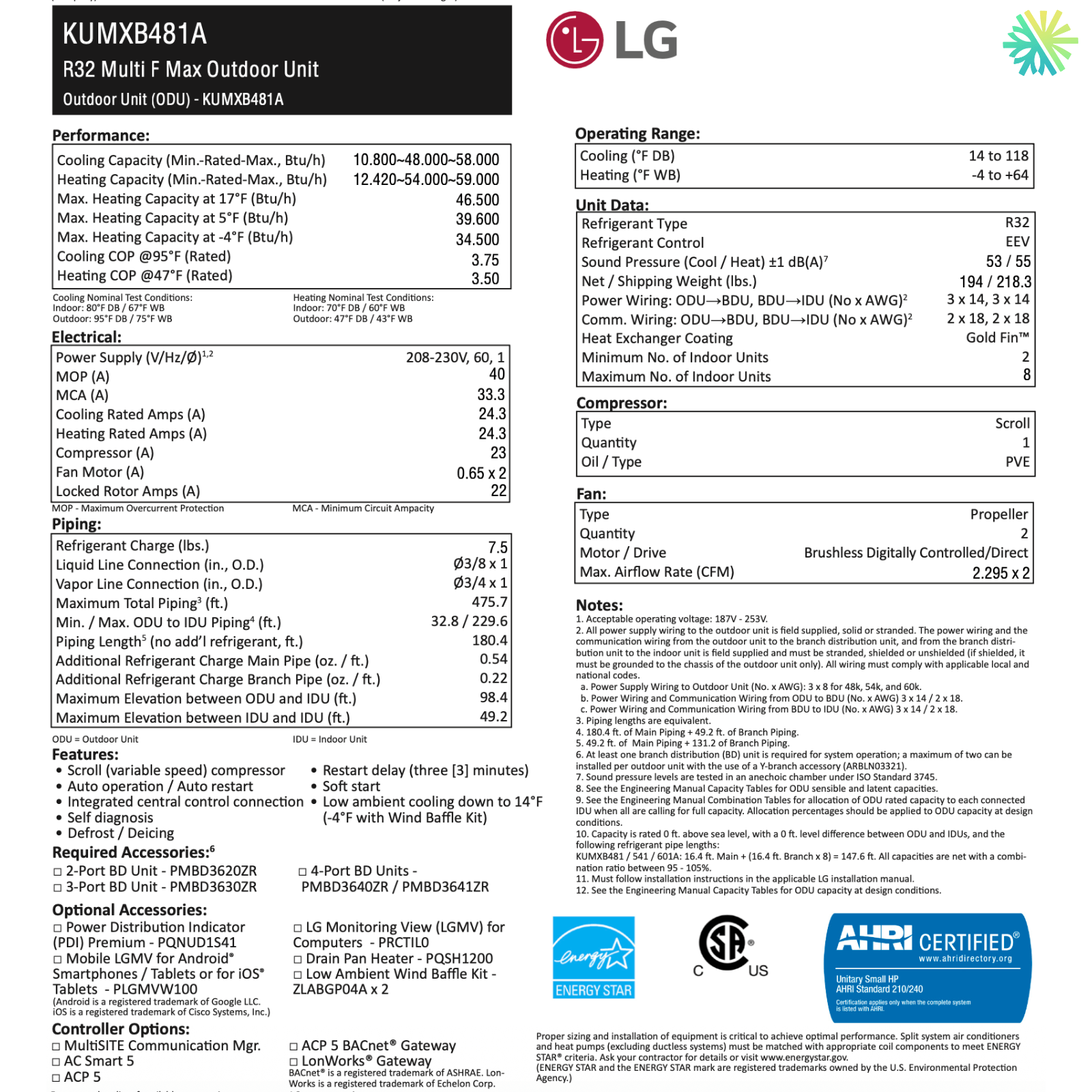 Specifications of LG Thermopompe 7-Zone MULTI F R32 with 48000 BTU Compressor for multi-zone control in various buildings.