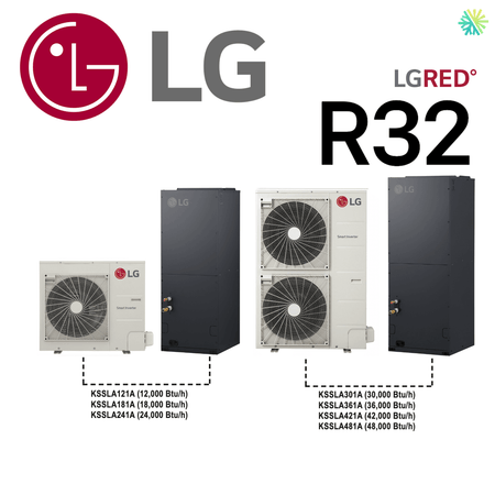 Thermopompe Centrale LG LGRED R32 | 3.5 Tonnes - 42 000 BTU models display with specifications.