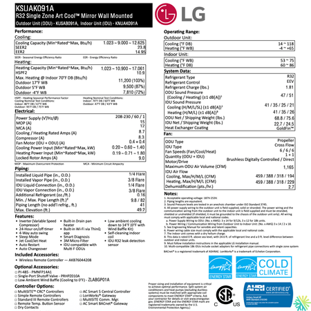 Mini Split LG ARTCOOL MIROIR (Noir) | R32 | 9000 BTU specifications chart showing features and performance details.