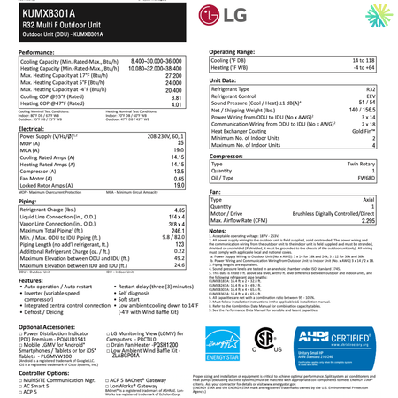 Specification sheet for LG R32 Multi F Outdoor Unit model KUMX8301A with performance and efficiency details.