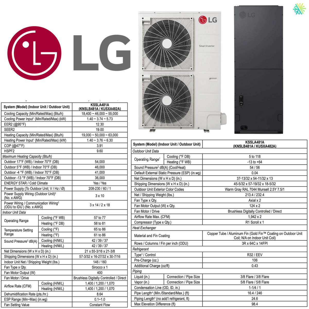 Thermopompe Centrale LG LGRED R32 | 4 Tonnes - 48 000 BTU avec spécifications techniques complètes pour climat de Montréal.