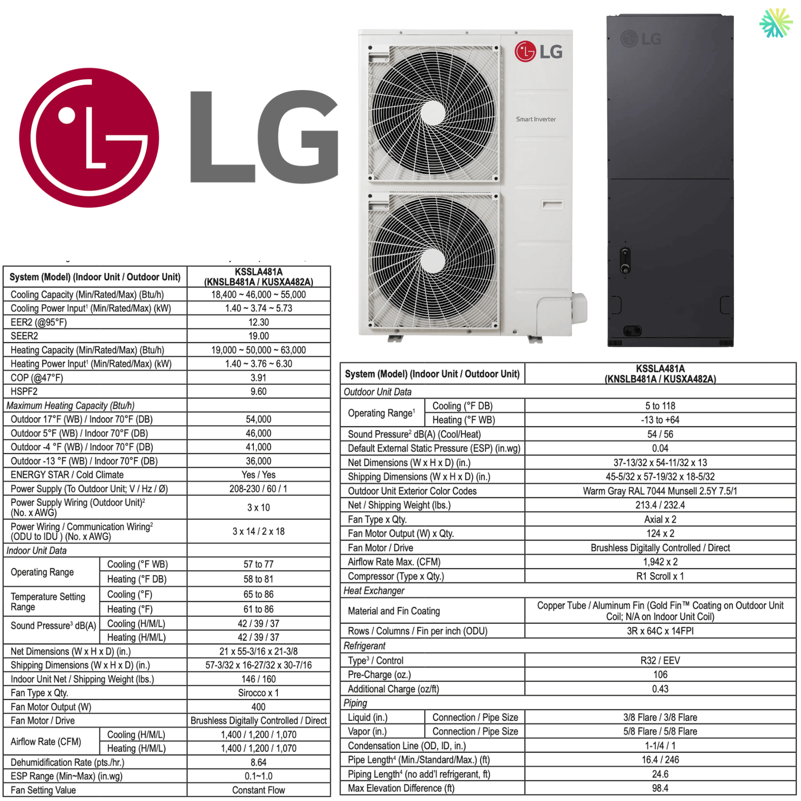 Thermopompe Centrale LG LGRED R32 | 4 Tonnes - 48 000 BTU avec spécifications techniques complètes pour climat de Montréal.