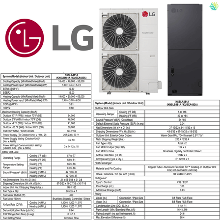 Thermopompe Centrale LG LGRED R32 | 4 Tonnes - 48 000 BTU avec spécifications techniques complètes pour climat de Montréal.
