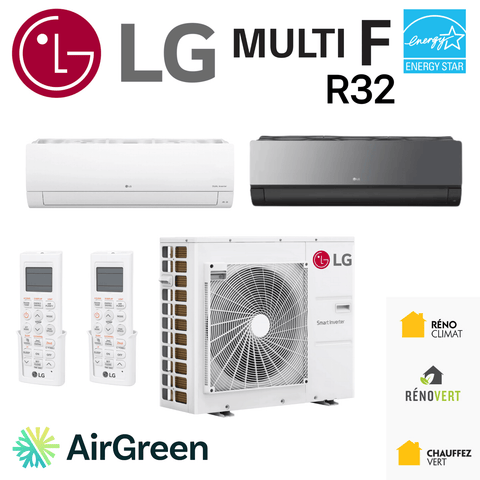 Thermopompe DoubleZone LG MULTI F R32 | Compresseur 48000 BTU with Energy Star certification and remote controls.