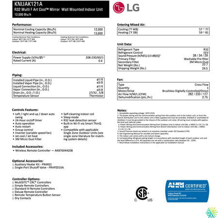Specifications of Mini Split LG ARTCOOL MIROIR (Noir) | R32 | 12000 BTU featuring performance, electrical, and unit data details.