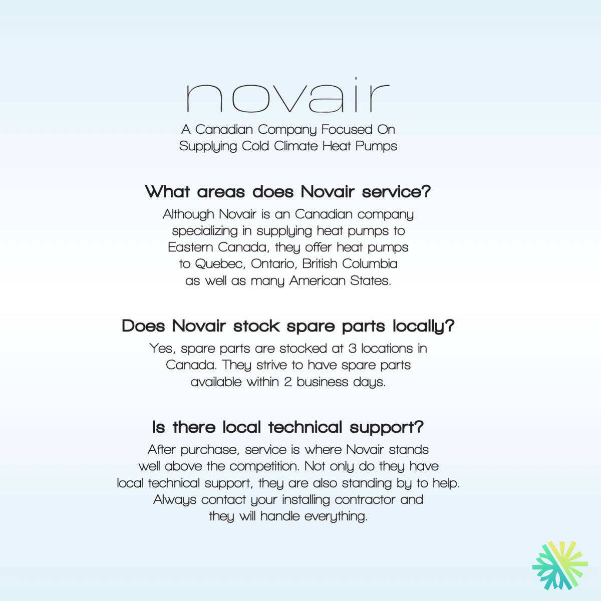 Information about Novair heat pump services in Canada and spare parts availability.