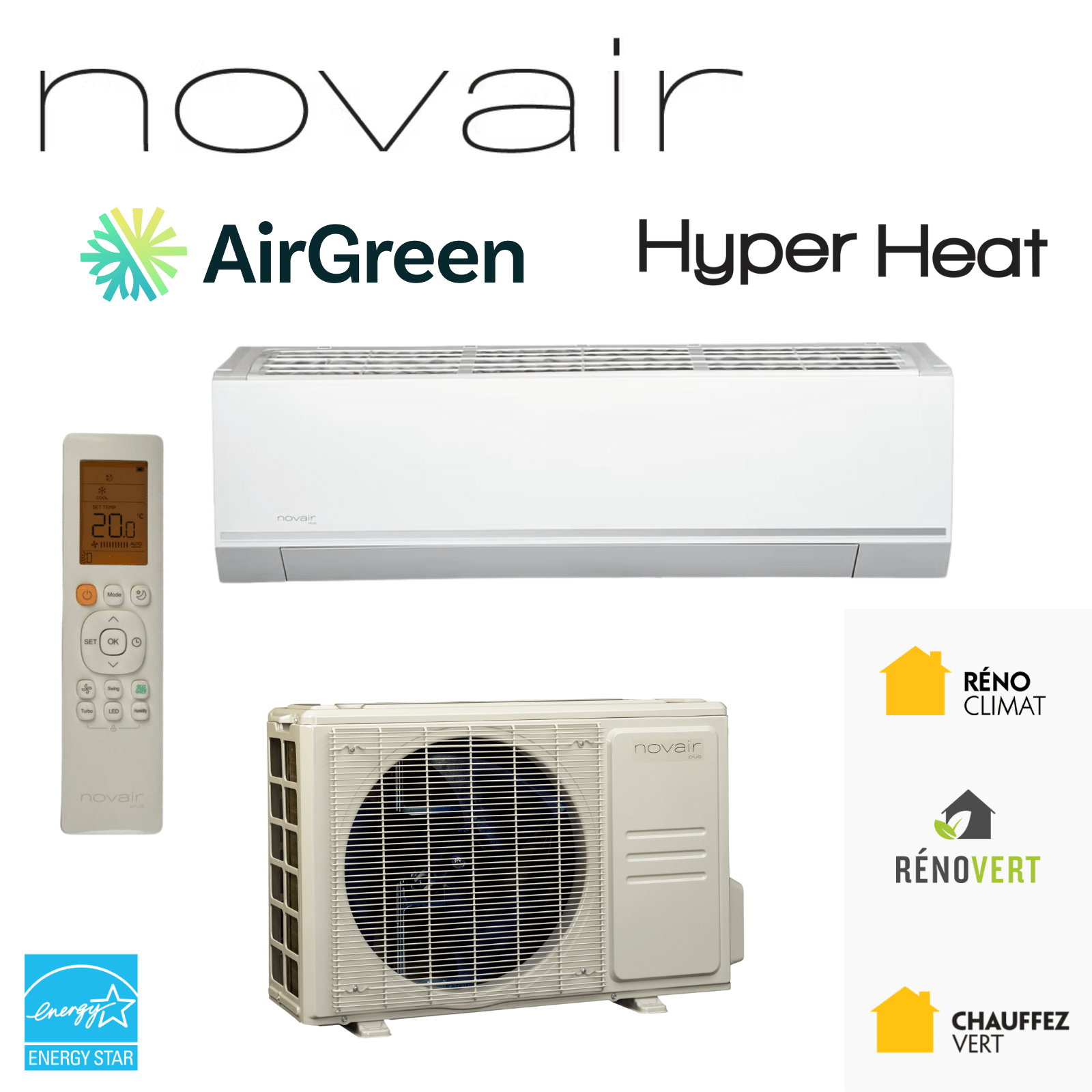 Thermopompe Air Climatisé Mural NOVAIR Hyper Heat (-35°C) | 9 000 BTU, climatiseur mural avec télécommande et unités extérieures.