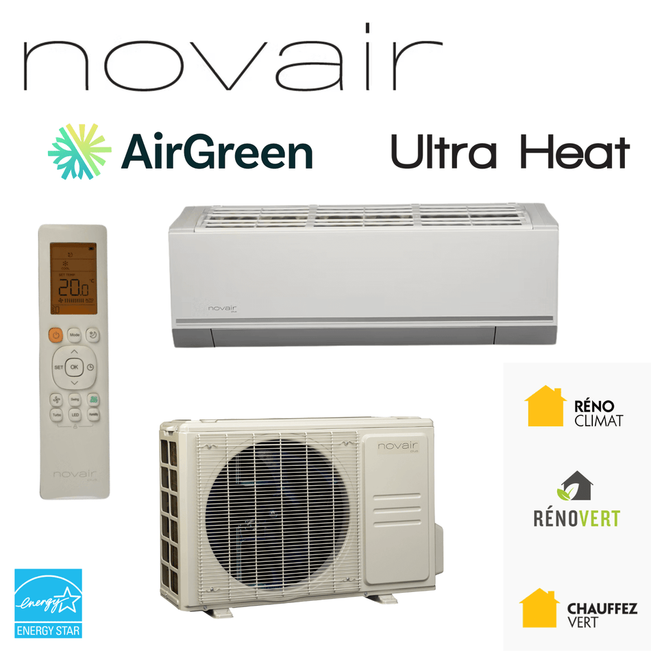 Thermopompe Climatiseur Mural NOVAIR Ultra Heat (-25°C) | 12 000 BTU avec télécommande et unités intérieure et extérieure AirGreen