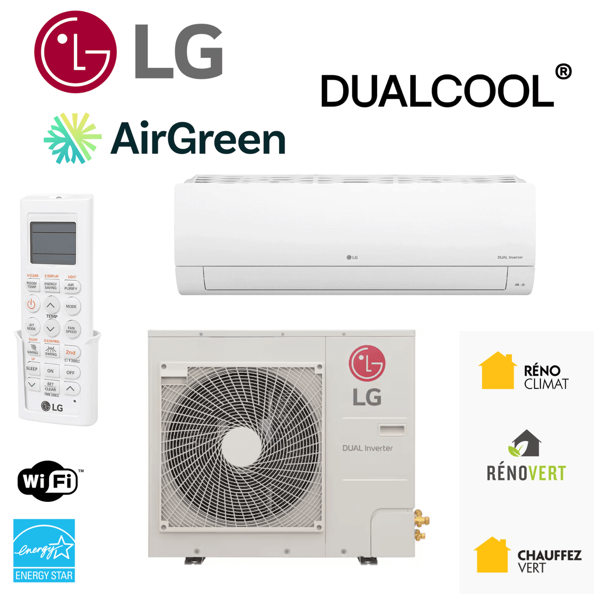 Thermopompe LG DUALCOOL R32 | 24000 BTU | Laval avec télécommande et unité extérieure