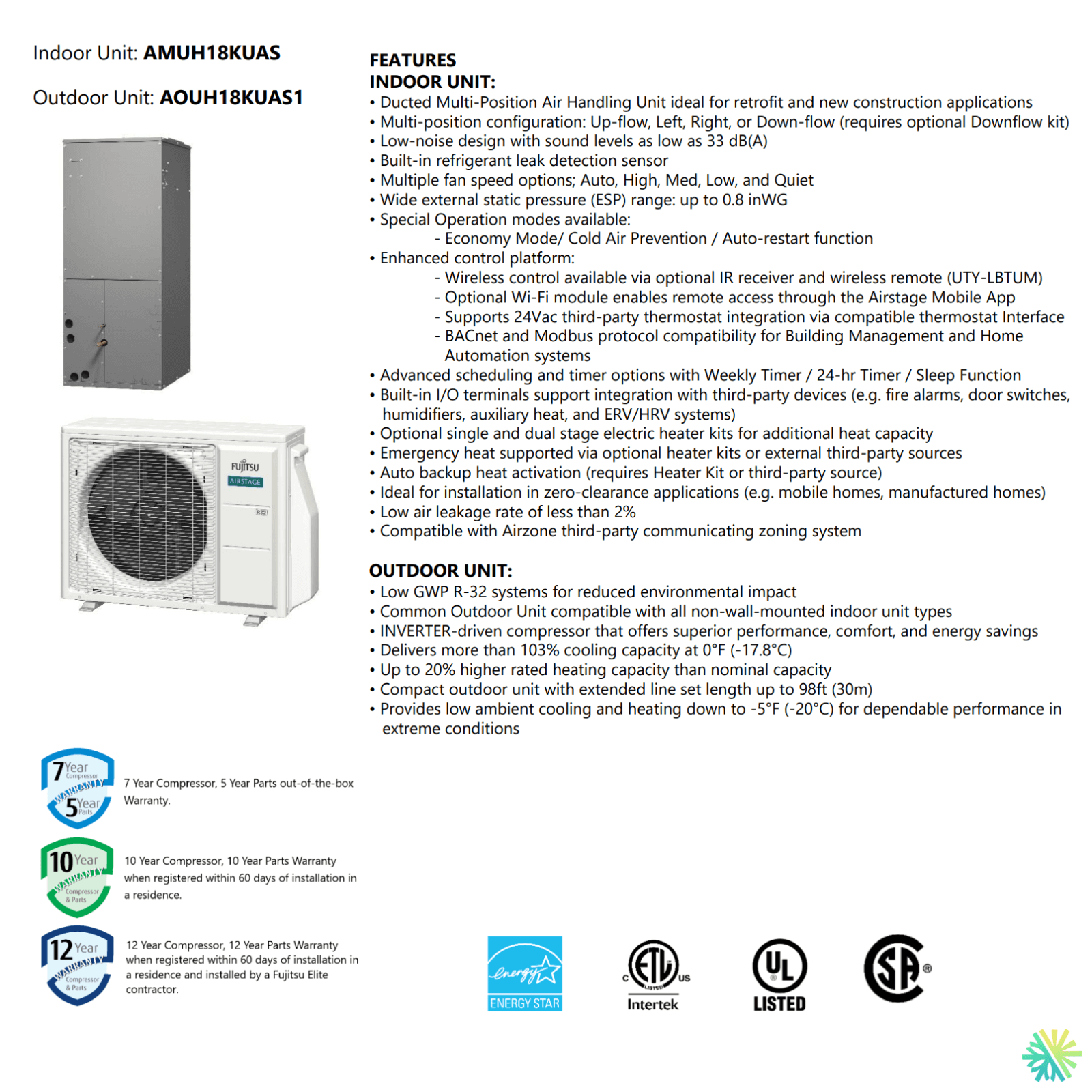 Thermopompe centrale FUJITSU CENTAURI R32 | 1.5 Tonnes - 18000 BTU; Features and specifications image showing indoor and outdoor units.