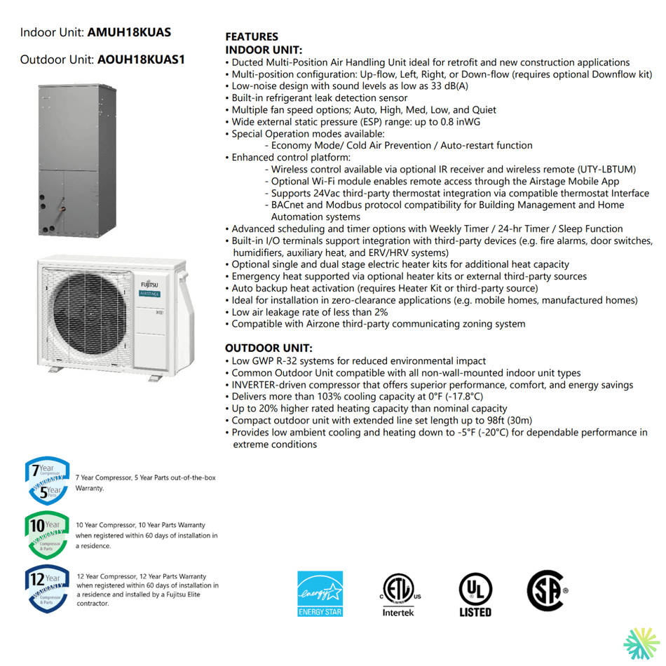 Thermopompe centrale FUJITSU CENTAURI R32 | 1.5 Tonnes - 18000 BTU; Features and specifications image showing indoor and outdoor units.