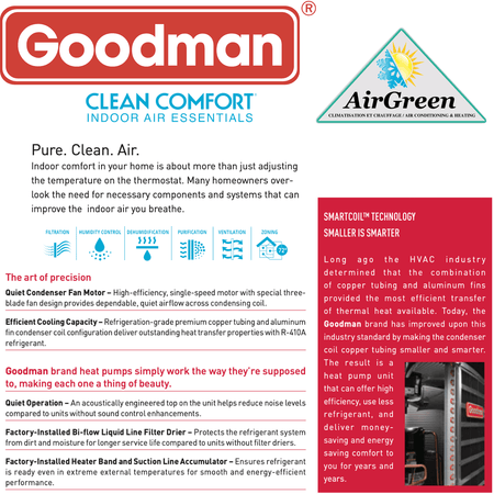 Thermopompe Centrale Goodman 14 SEER de 1.5 Tonnes spec sheet with relevant information