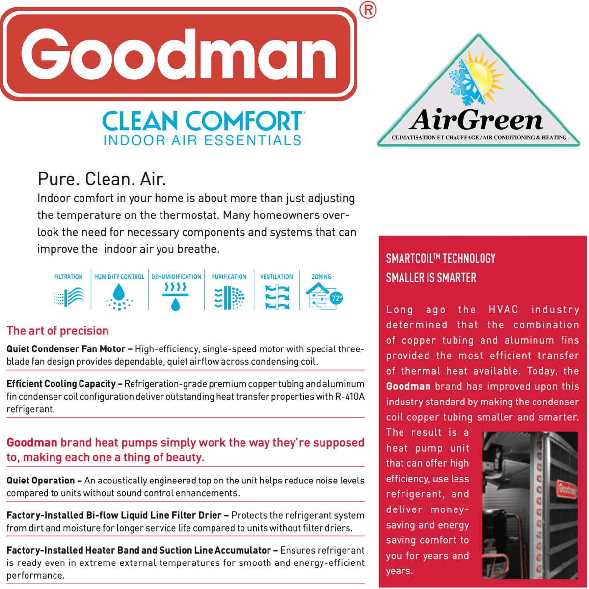 Thermopompe Centrale Goodman 14 SEER de 3 Tonnes spec sheet with relevant information
