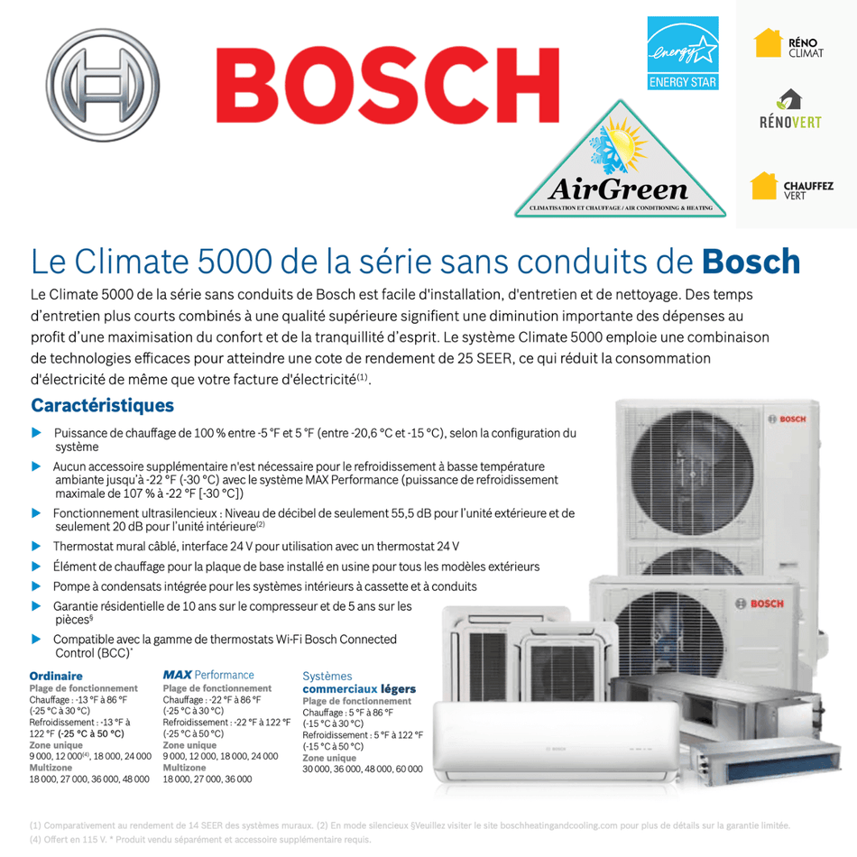 Ductless Heat Pump Bosch Climate 5000 Regular of 12 000 BTU (115V) Montreal
