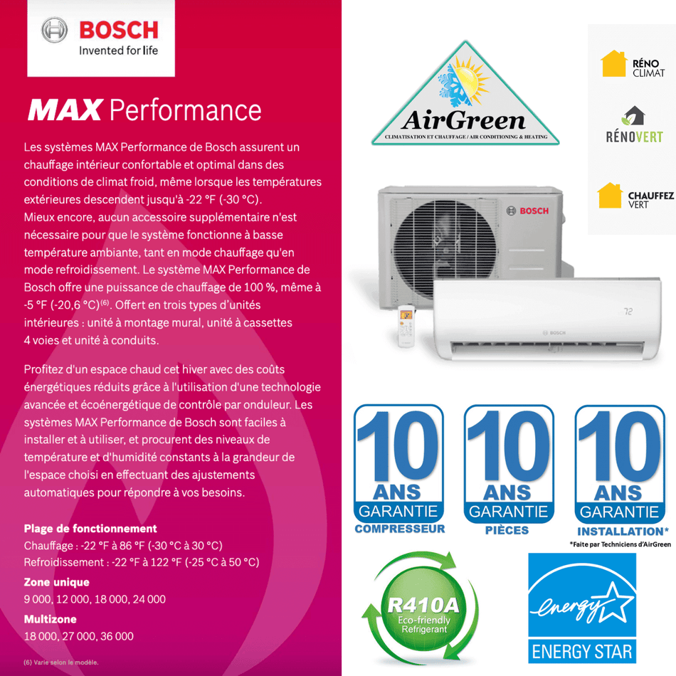 Ductless Heat Pump Bosch Climate 5000 Max Performance of 24 000 BTU Montreal