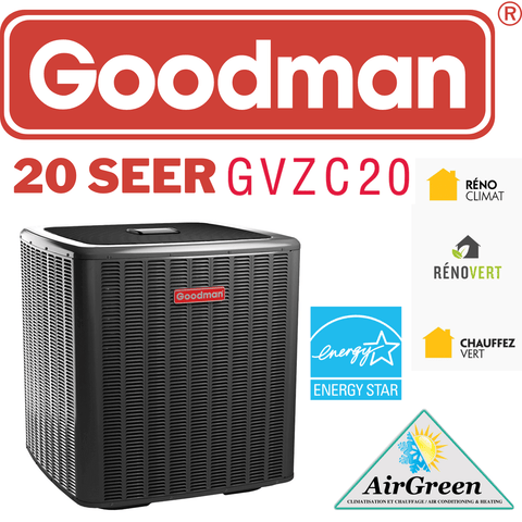 Thermopompe Centrale Goodman 20 SEER INVERTER de 2 Tonnes avec logos d'efficacité énergétique et marques associées.