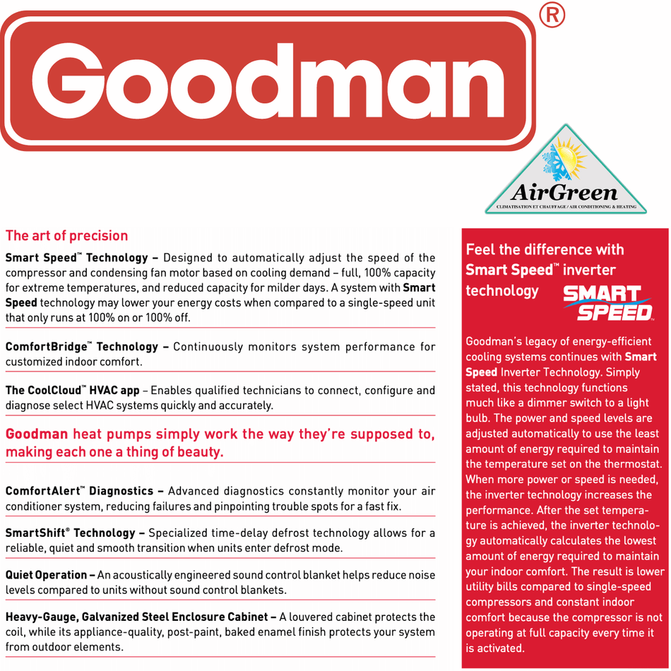 Thermopompe Centrale Goodman 20 SEER INVERTER de 5 Tonnes spec sheet with relevant information