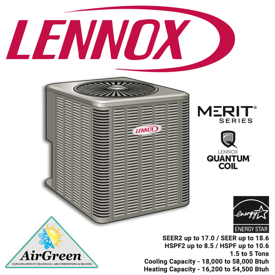 Thermopompe Centrale LENNOX MERIT ML17XP1 1.5 Tonne spec sheet with relevant information