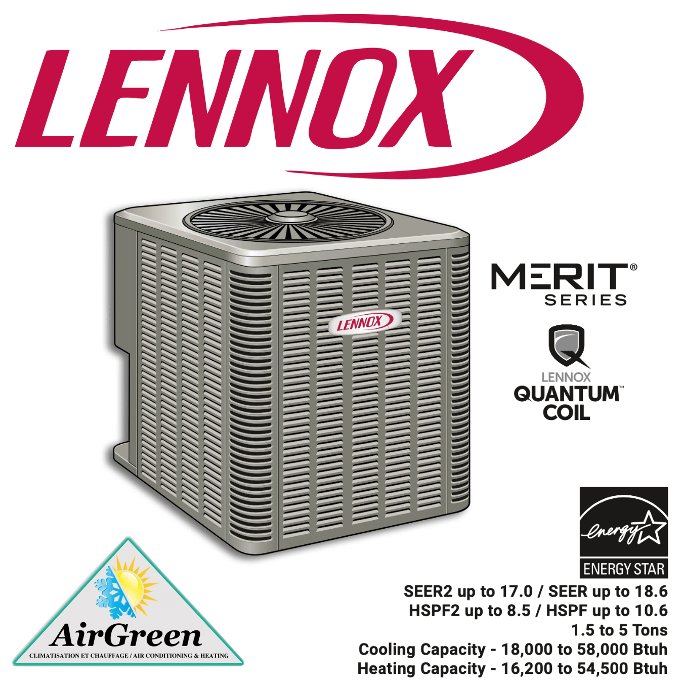Thermopompe Centrale LENNOX MERIT ML17XP1 3.5 Tonnes spec sheet with relevant information